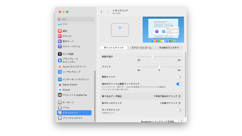 トラックパッドの設定画面